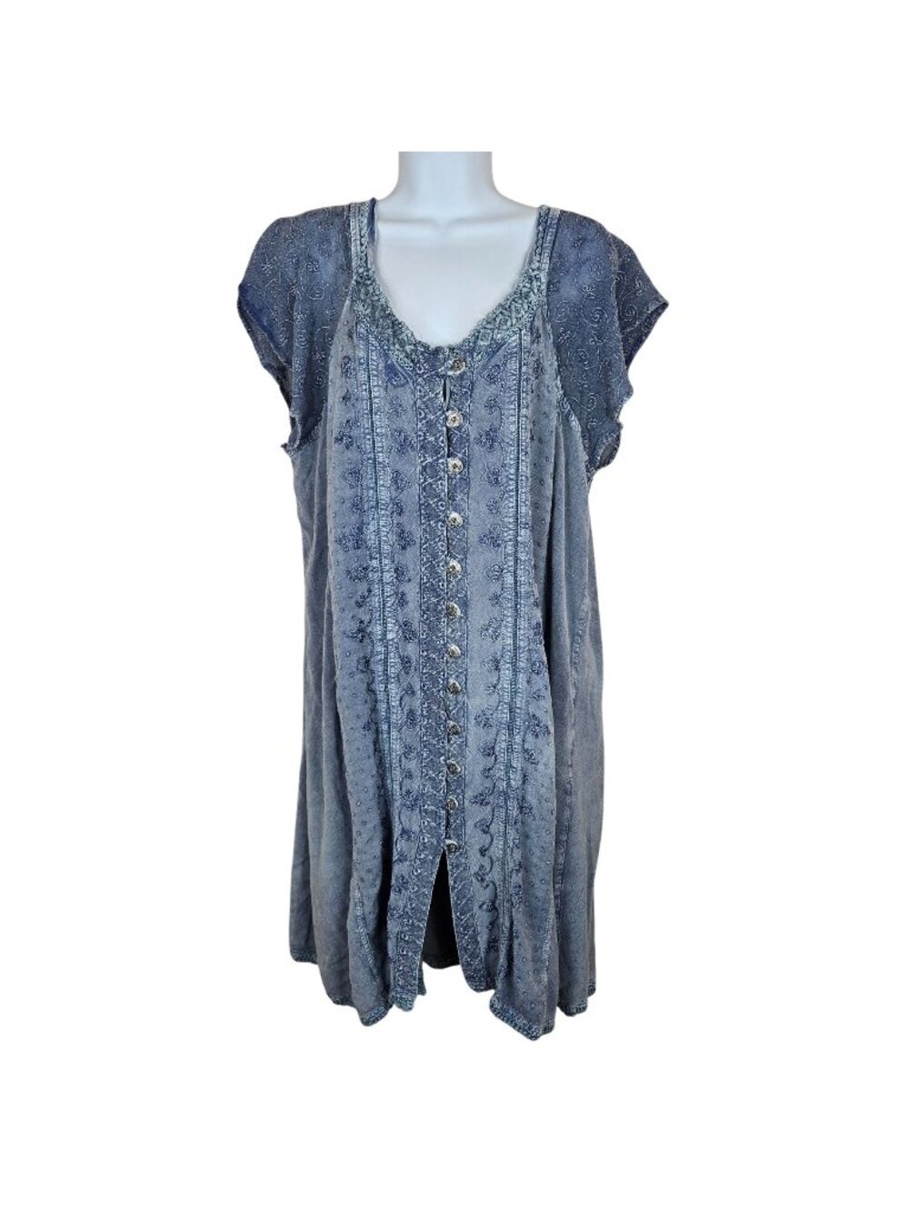 Vintage 90s Boho Blue Embroidered Button-Front Cap Sleeve Tunic Dress 3XL